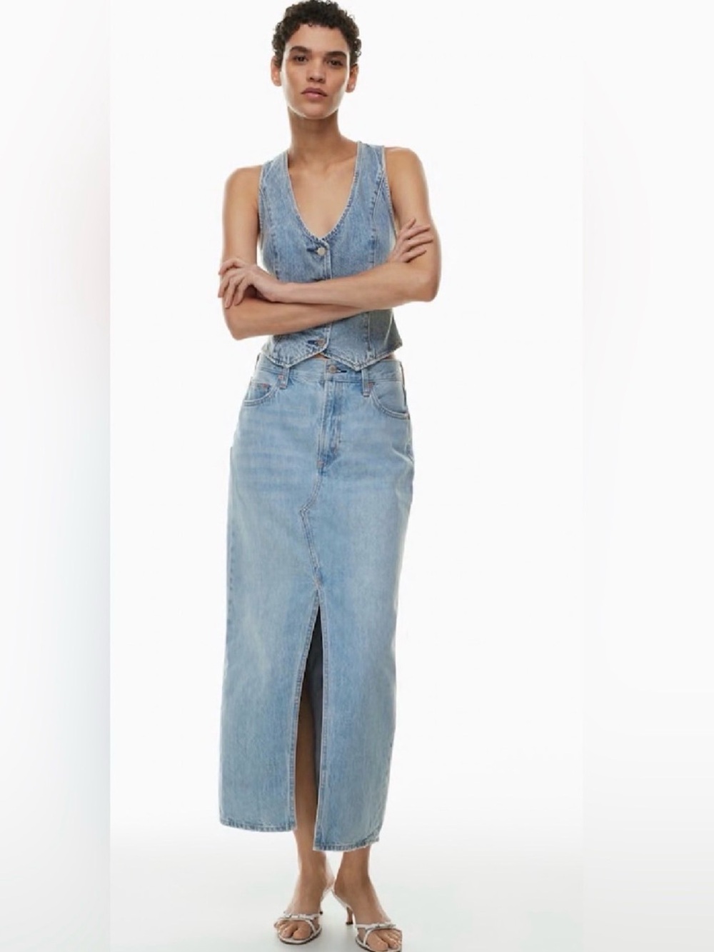 Mango | Light Blue Denim Maxi Skirt with Front Slit | Size M
